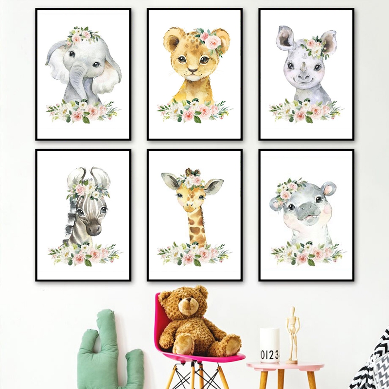 Baby Nursery Animal Prints - Floral Jungle Animals Canvas Prints Nursery