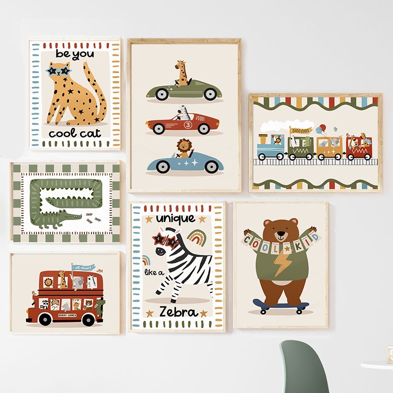 Baby Nursery Animal Prints - Funny Cartoon Animals Car Bus Nursery