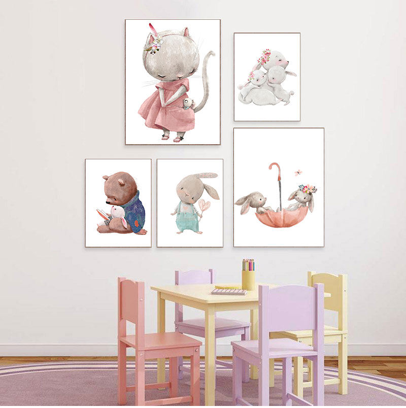 Baby Nursery Animal Prints - 1PC frameless decorative art print,Bear Rabbit