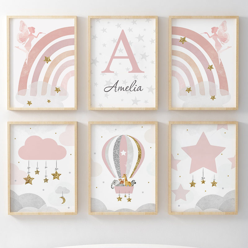 Baby Nursery Animal Prints - Pink Angel Girl Rainbow Wall Art