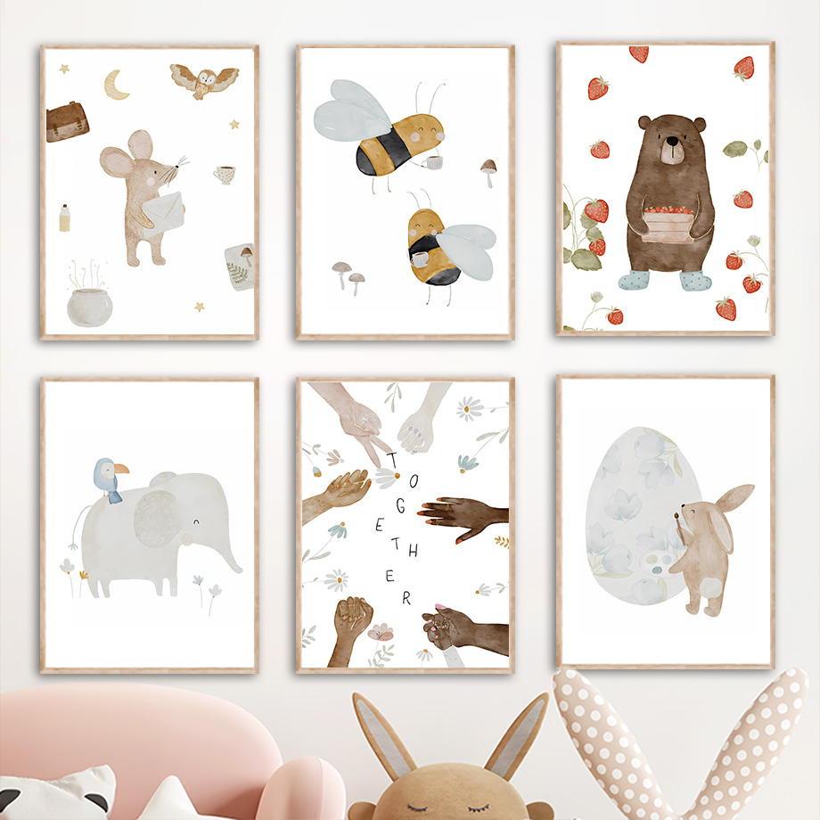 Baby Nursery Animal Prints - Boho Animals Friend Elephant Rabbit Bear