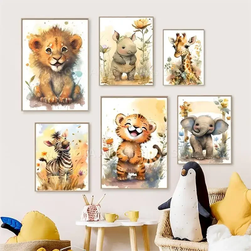 Baby Nursery Animal Prints - Watercolor Lion Giraffe Tiger Elephant Zebra