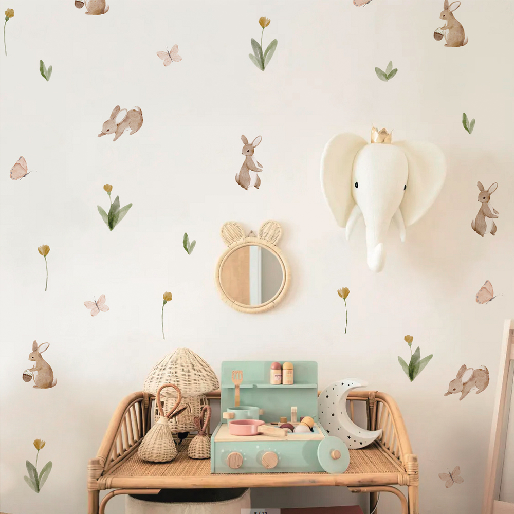 Baby Nursery Labels - Summertime Watercolor Cute Bunnies and Flowers