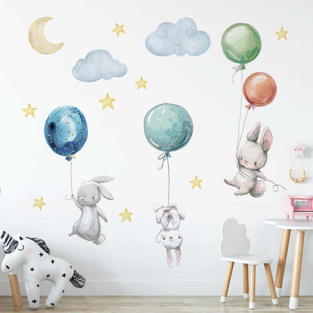 Baby Nursery Labels - Cute Lovely Flying Rabbits Wall Stickers