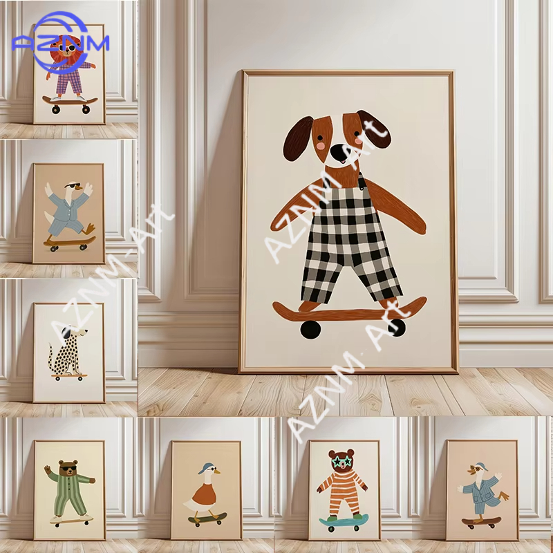 Baby Nursery Animal Prints - 1PC Funny Animal Skateboarding Poster Trendy