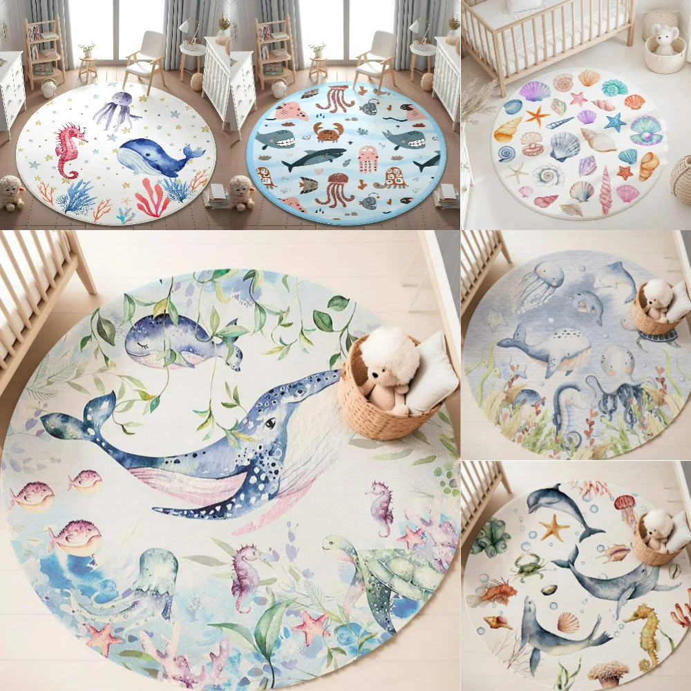 Baby Nursery Animal Prints - Blue Marine animal Round Carpet for