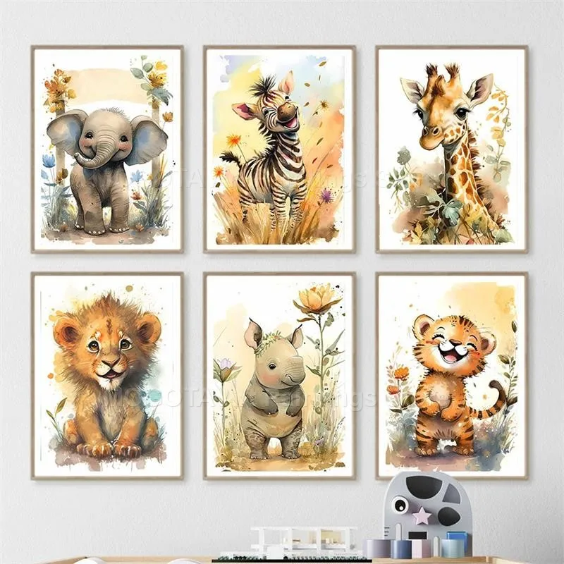 Watercolor Lion Giraffe Tiger  - огляд і ціна Baby Nursery Animal Prints