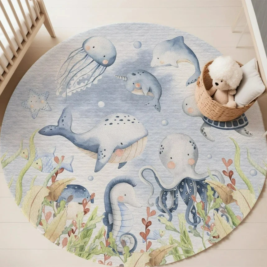 Blue Marine animal Round Carpe - огляд і ціна Baby Nursery Animal Prints